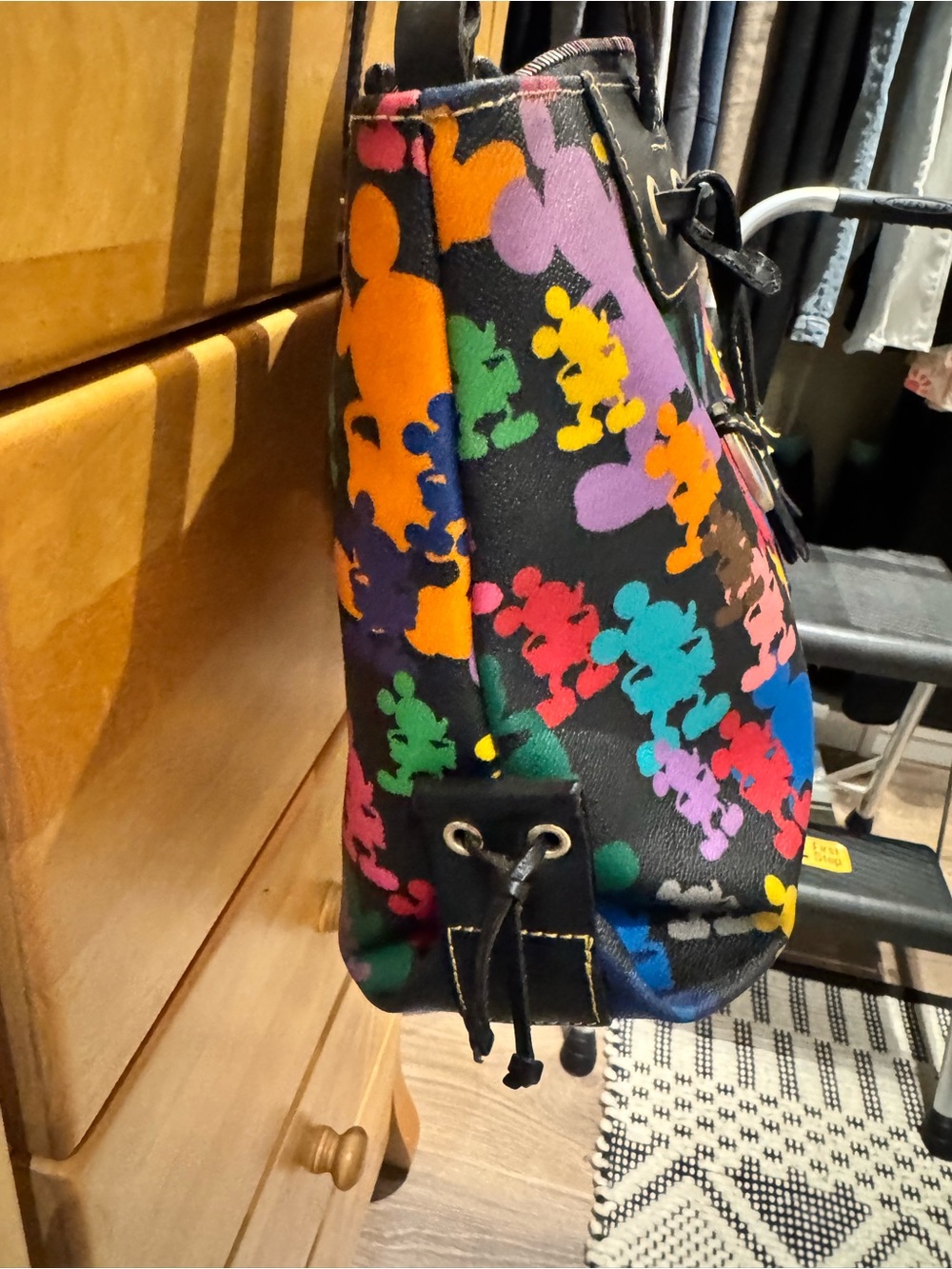 Dooney & Bourke Black Multicolor Teddy Bear Print Drawstring Shoulder Bag - Picture 2 of 6